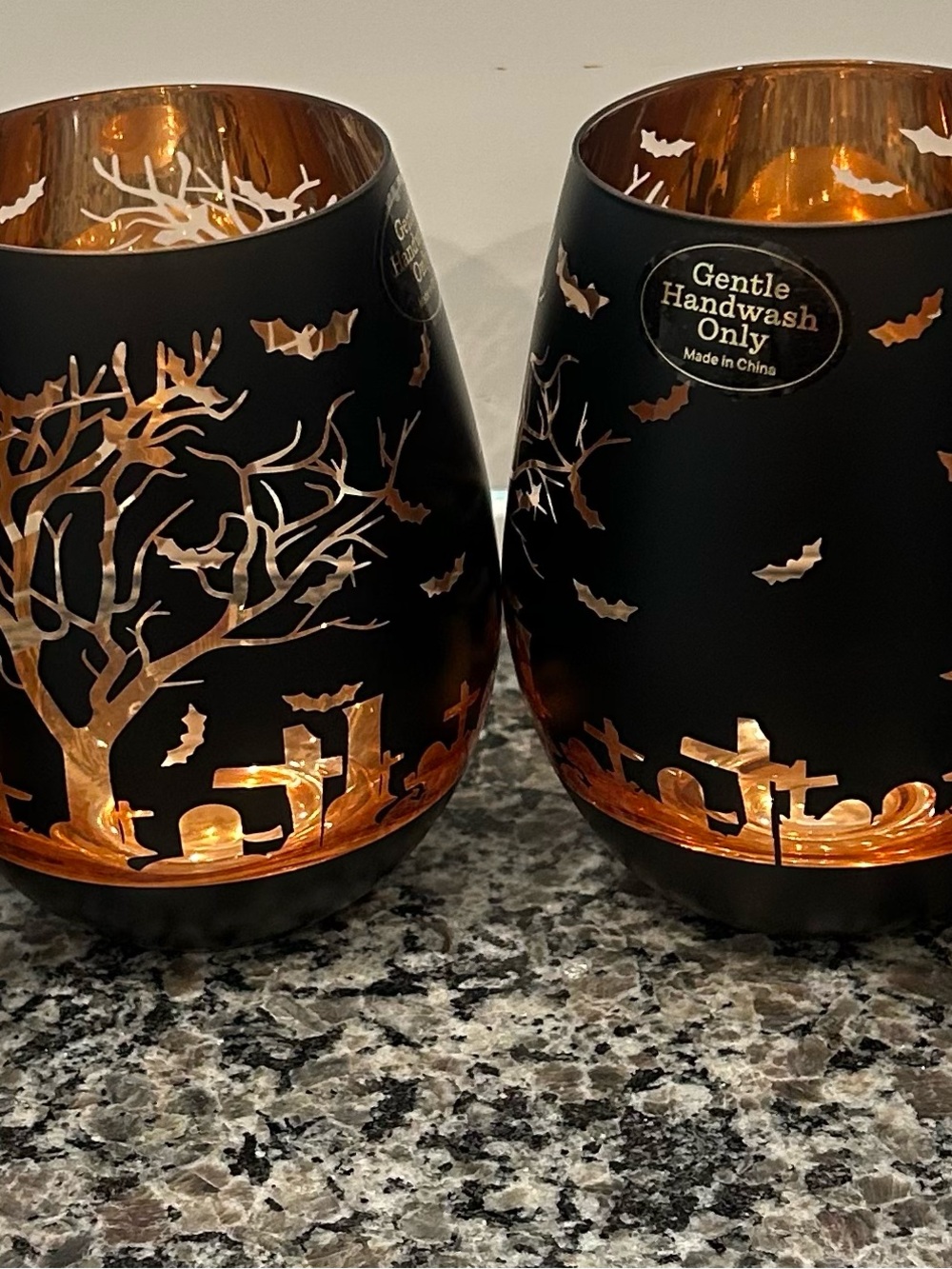 Halloween Stemless Wine Glasses ORANGE & BLACK GRAVEYARD Bats Trees Set of 4